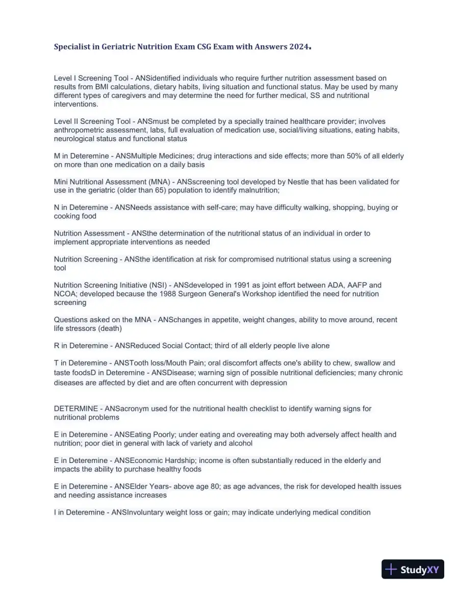 2024 Specialist in Geriatric Nutrition CSG Exam with Answers (1343 Solved Questions), page 13