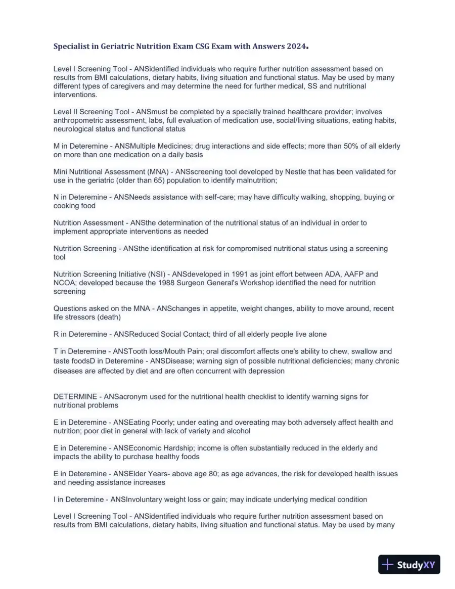 2024 Specialist in Geriatric Nutrition CSG Exam with Answers (1343 Solved Questions), page 14