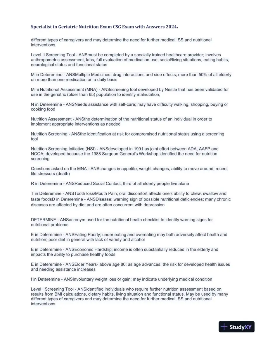 2024 Specialist in Geriatric Nutrition CSG Exam with Answers (1343 Solved Questions), page 15