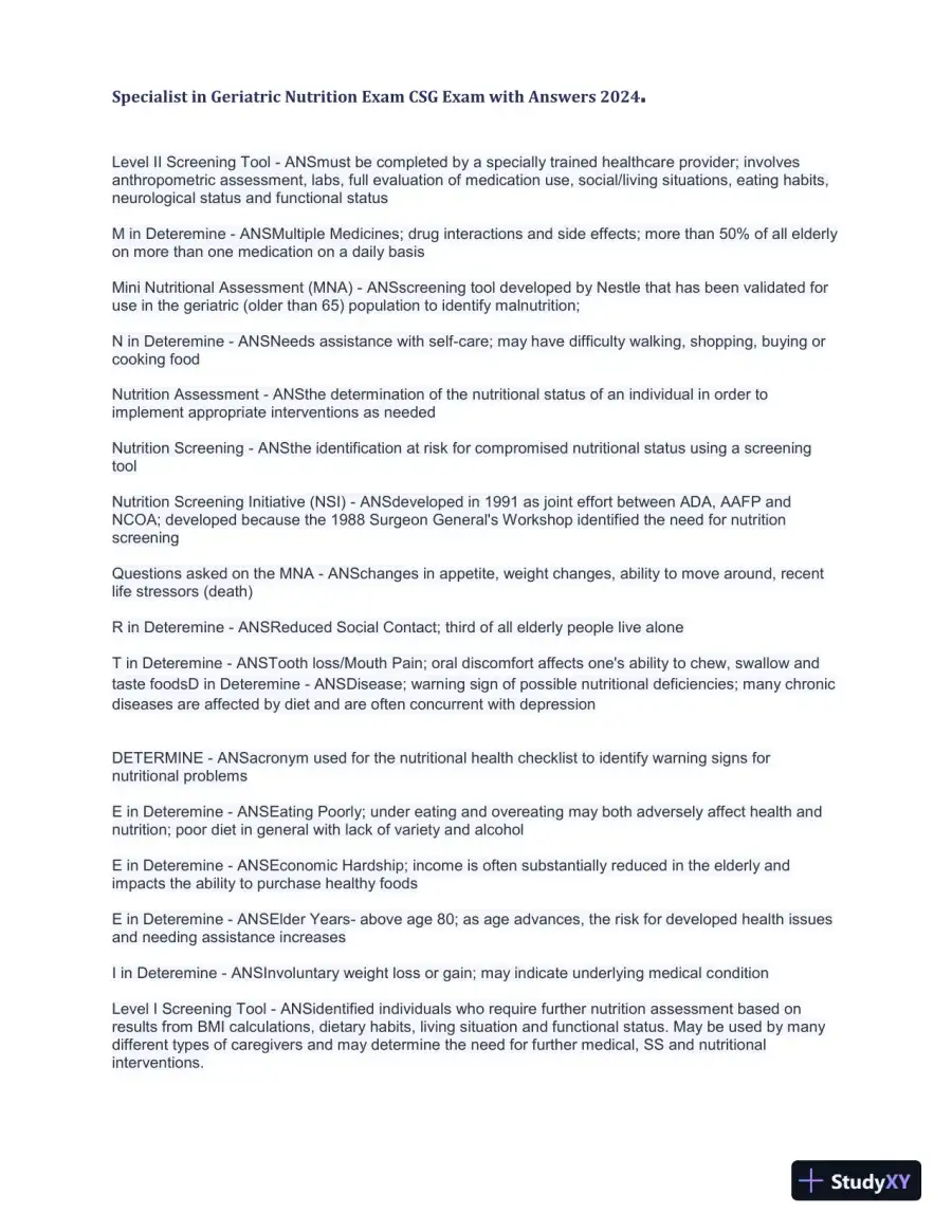 2024 Specialist in Geriatric Nutrition CSG Exam with Answers (1343 Solved Questions), page 16