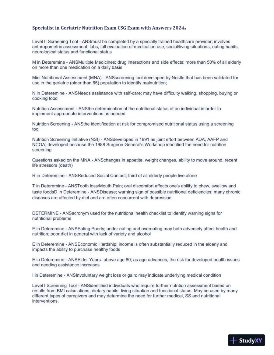 2024 Specialist in Geriatric Nutrition CSG Exam with Answers (1343 Solved Questions), page 17