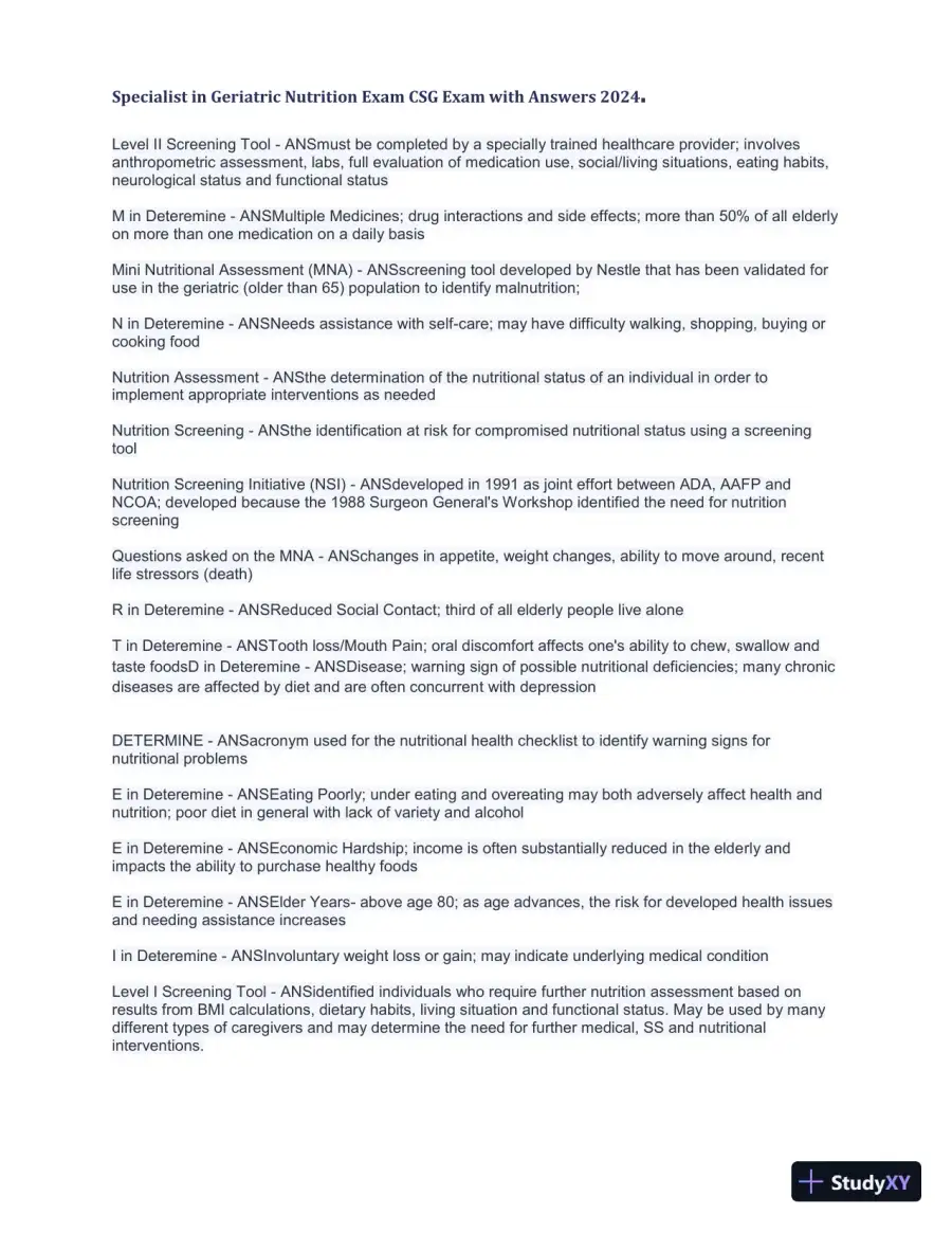 2024 Specialist in Geriatric Nutrition CSG Exam with Answers (1343 Solved Questions), page 18