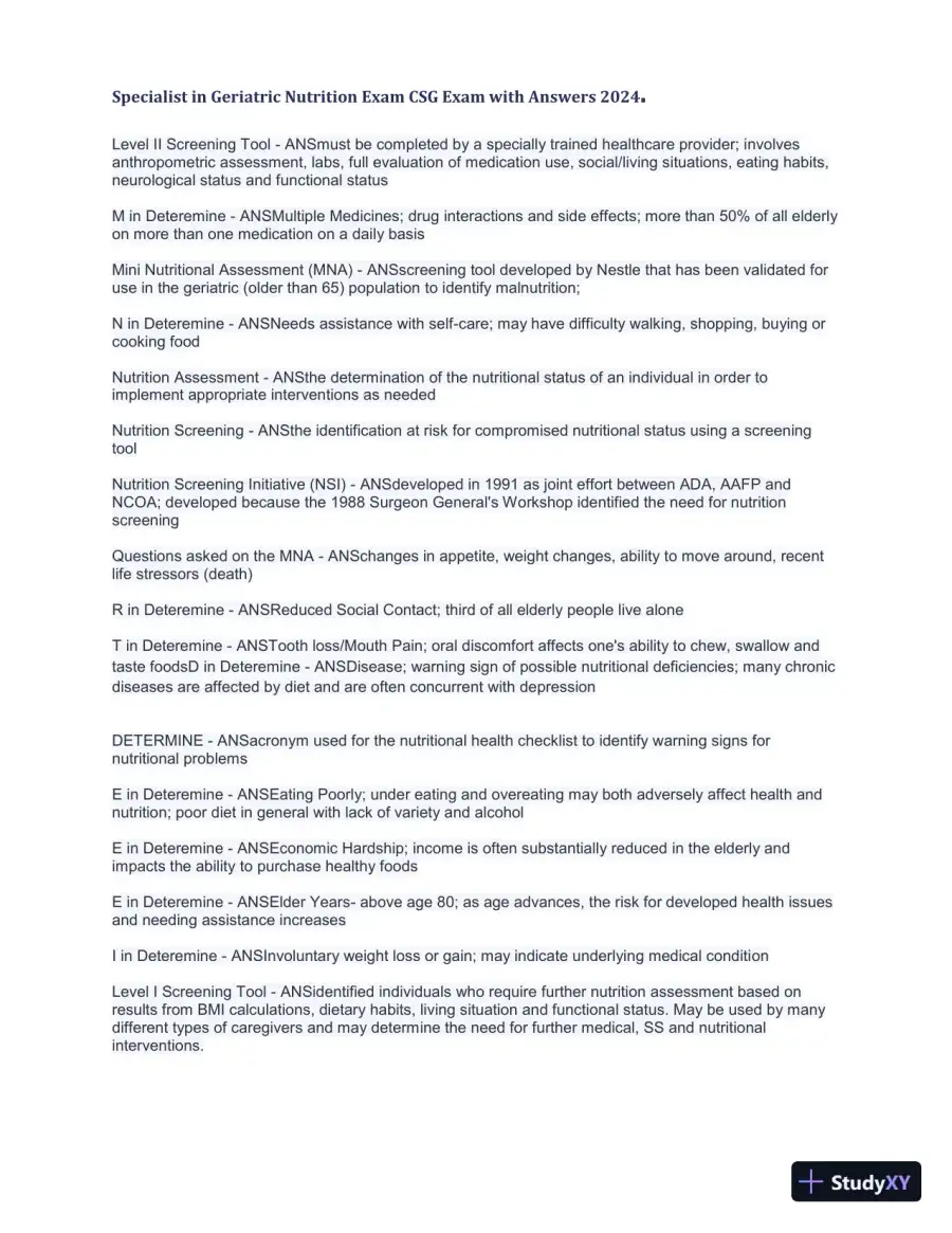 2024 Specialist in Geriatric Nutrition CSG Exam with Answers (1343 Solved Questions), page 20