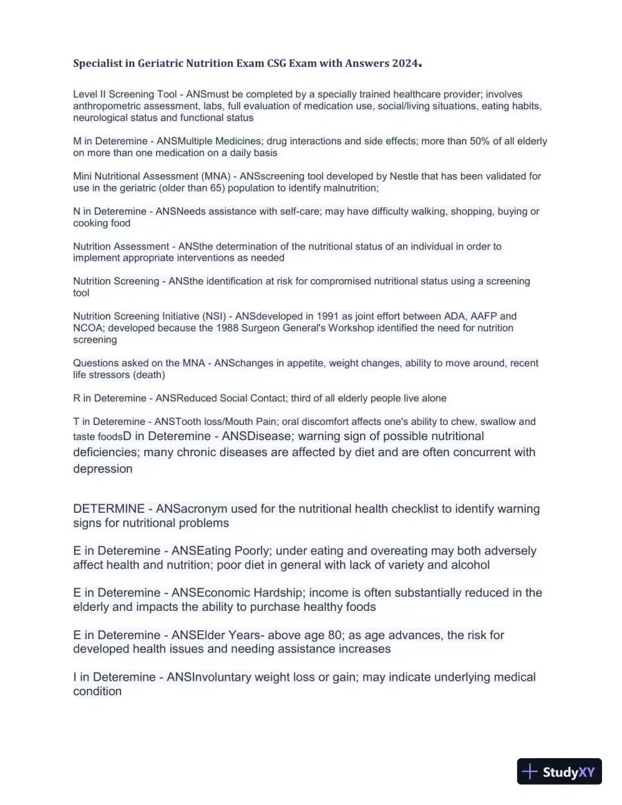 2024 Specialist in Geriatric Nutrition CSG Exam with Answers (1343 Solved Questions), page 21