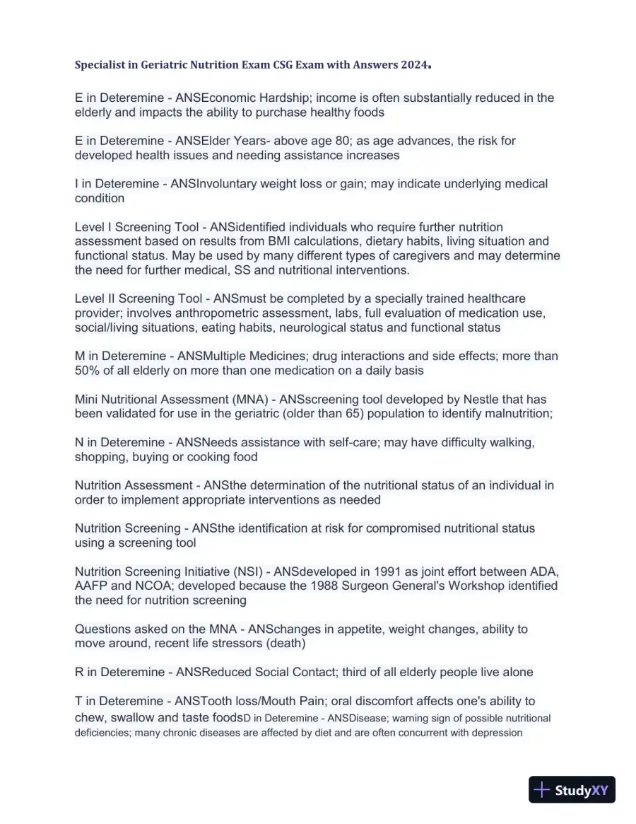 2024 Specialist in Geriatric Nutrition CSG Exam with Answers (1343 Solved Questions), page 23