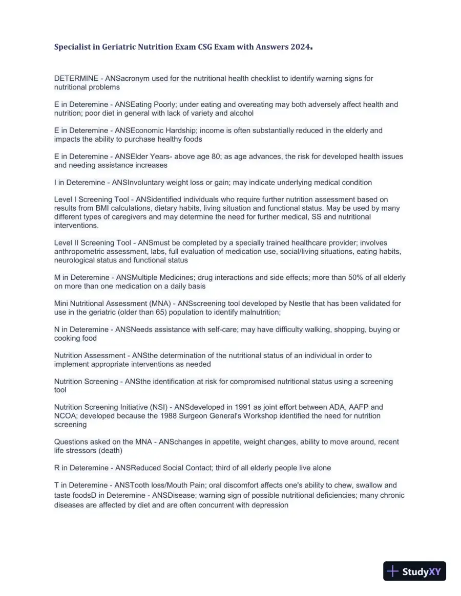 2024 Specialist in Geriatric Nutrition CSG Exam with Answers (1343 Solved Questions), page 24