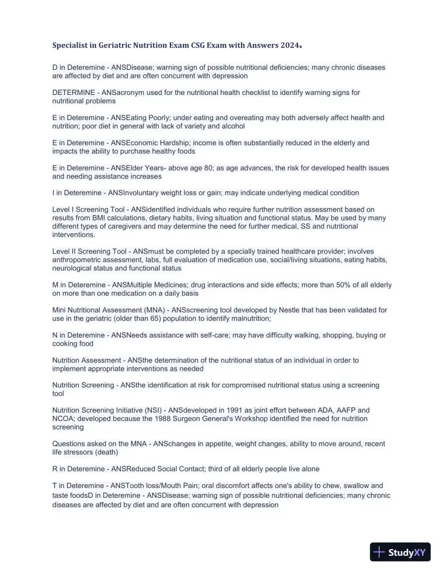 2024 Specialist in Geriatric Nutrition CSG Exam with Answers (1343 Solved Questions), page 3
