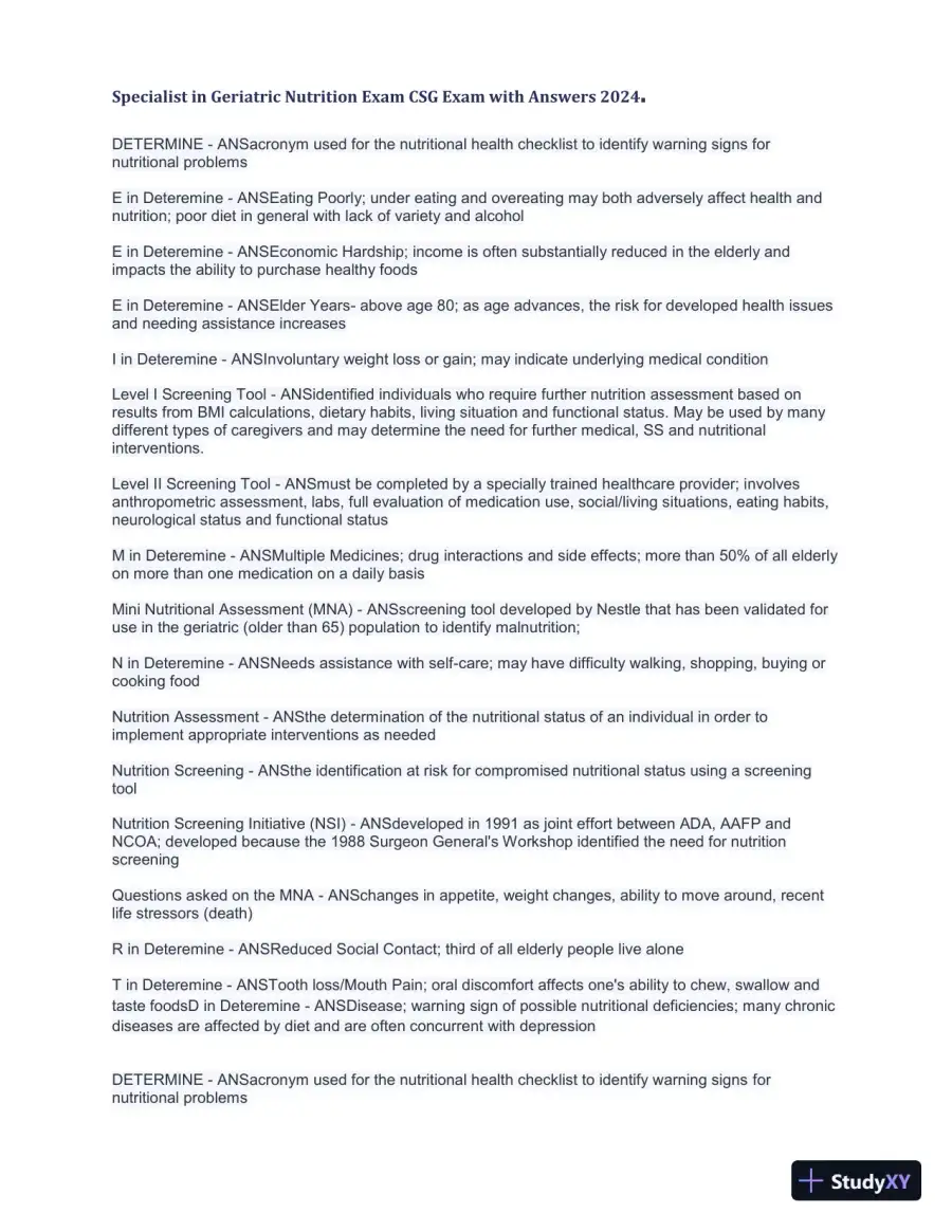 2024 Specialist in Geriatric Nutrition CSG Exam with Answers (1343 Solved Questions), page 5
