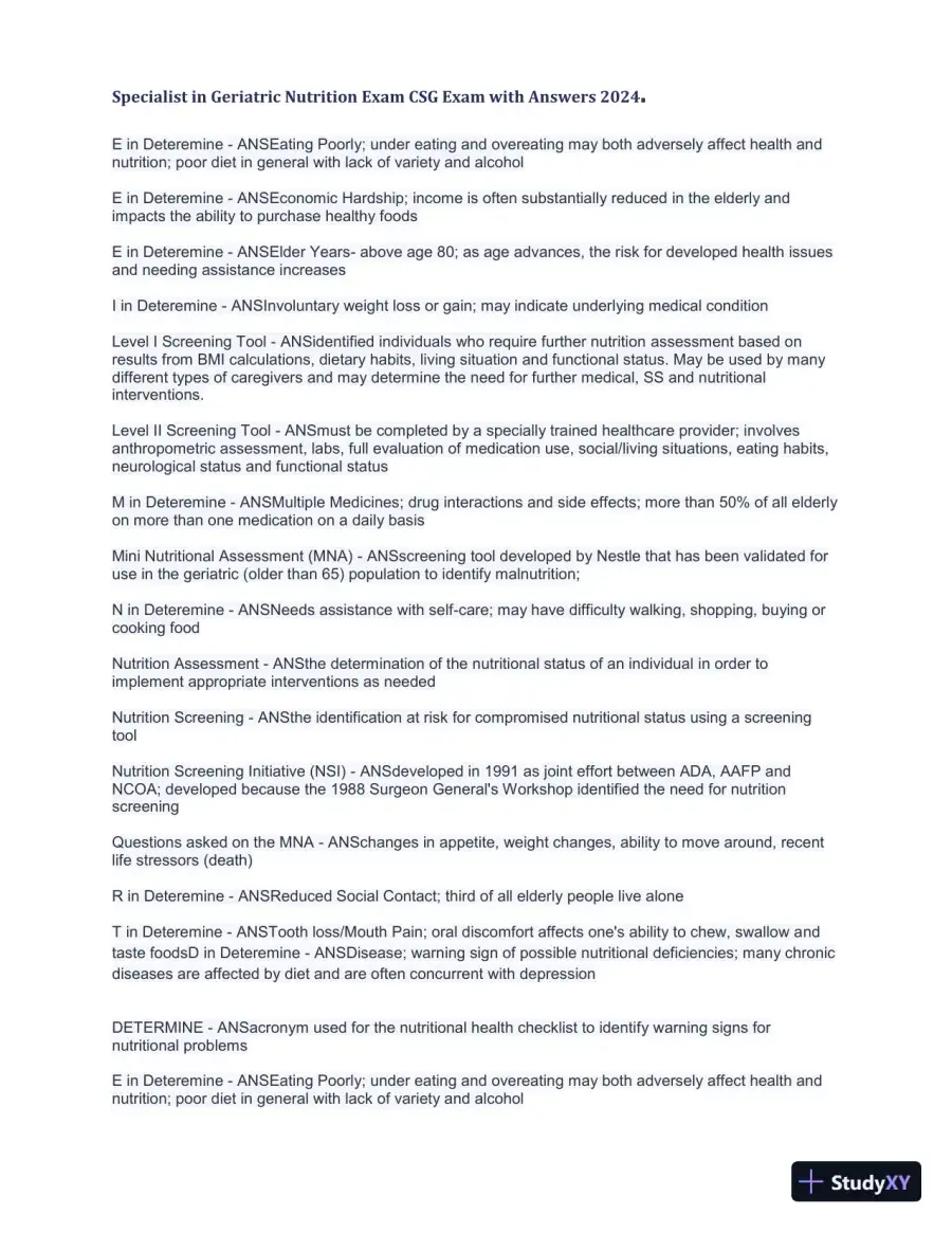 2024 Specialist in Geriatric Nutrition CSG Exam with Answers (1343 Solved Questions), page 7