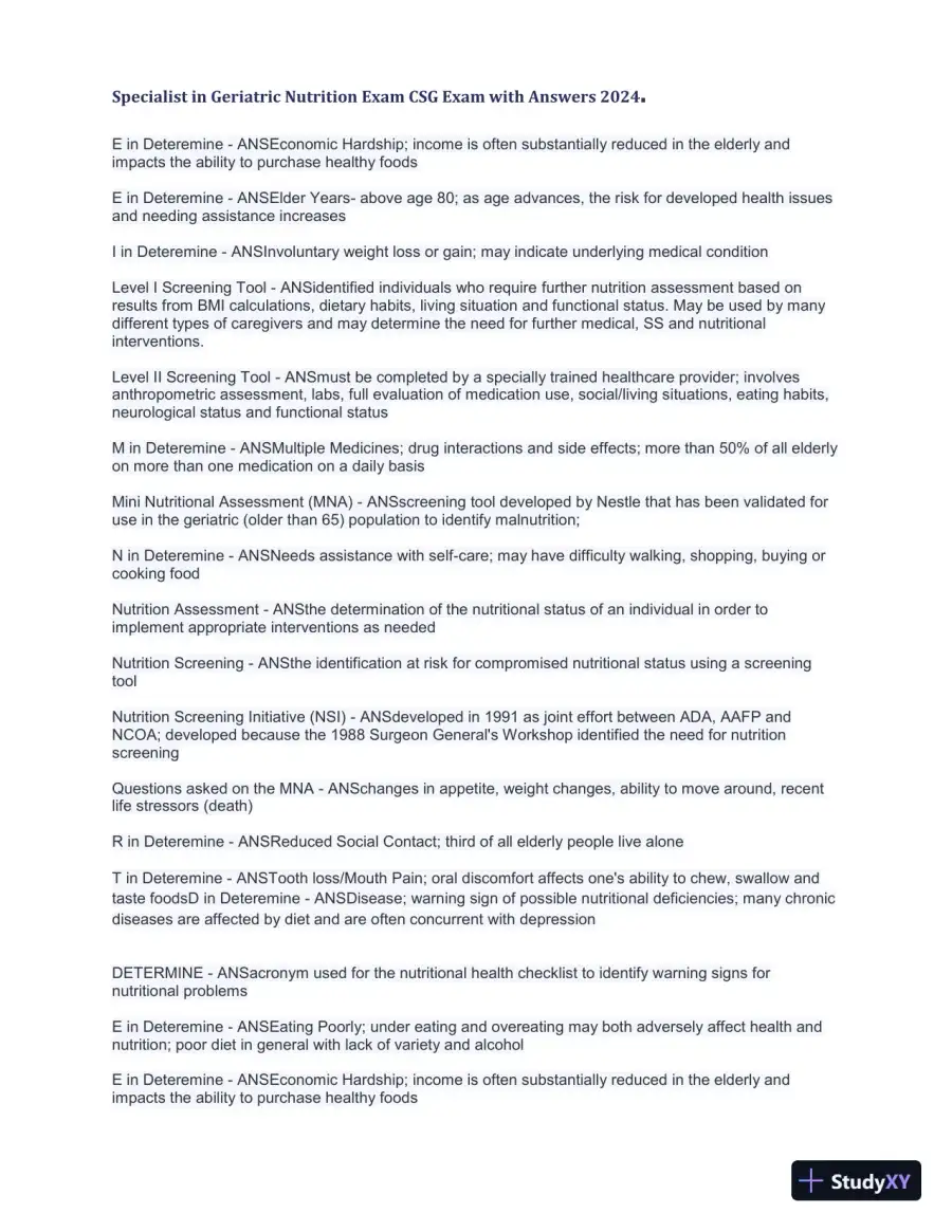 2024 Specialist in Geriatric Nutrition CSG Exam with Answers (1343 Solved Questions), page 9