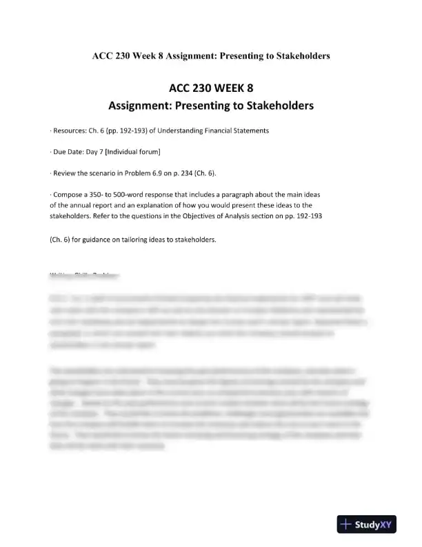 ACC 230 Week 8 Assignment: Presenting to Stakeholders - Page 1 preview image