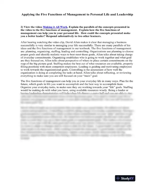 Applying the Five Functions of Management to Personal Life and Leadership - Page 1 preview image