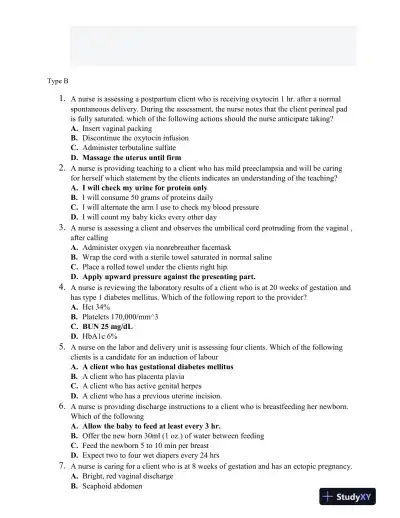 2022 HESI RN Women and Newborn Health Exit Exam Form B With Answers (65 Solved Questions) - Page 1 preview image