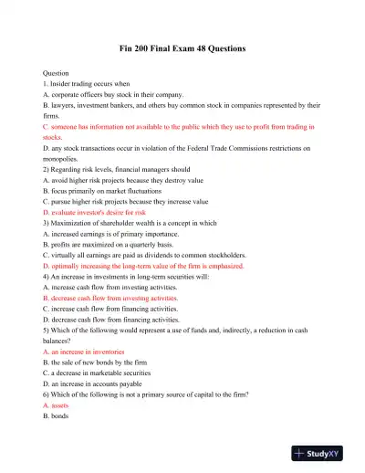 Fin 200 Final Exam 48 Questions - Page 1 preview image