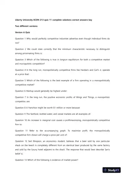 Liberty University ECON 213 Quiz 11 Complete Solutions Correct Answers Key - Page 1 preview image