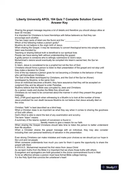 Liberty University APOL 104 Quiz 7 Complete Solution Correct Answer Key - Page 1 preview image