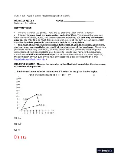 MATH 106 - Quiz 4: Linear Programming and Set Theory - Page 1 preview image