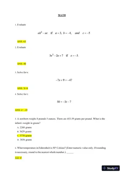 HESI Mathematics A2 Entrance Exam With Answers (50 Solved Questions) - Page 1 preview image