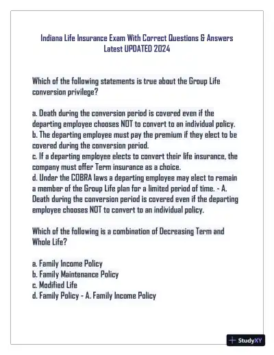 2024 Indiana Life Insurance Practice Exam with Answers (75 Solved Questions) - Page 1 preview image