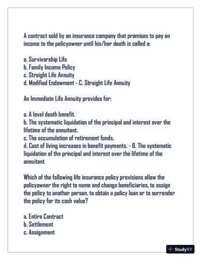 2024 Indiana Life Insurance Practice Exam with Answers (75 Solved Questions) - Page 10 preview image