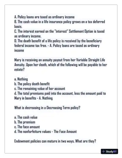 2024 Indiana Life Insurance Practice Exam with Answers (75 Solved Questions) - Page 4 preview image