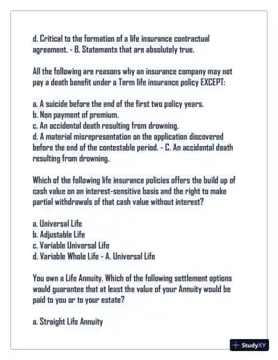 2024 Indiana Life Insurance Practice Exam with Answers (75 Solved Questions) - Page 6 preview image