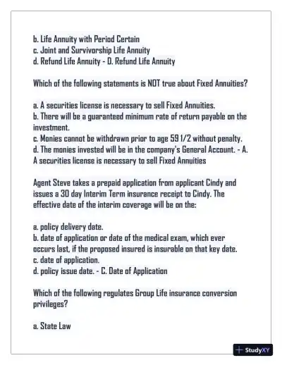 2024 Indiana Life Insurance Practice Exam with Answers (75 Solved Questions) - Page 7 preview image