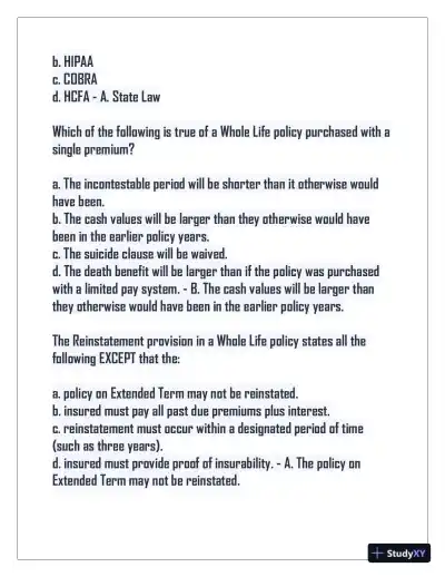 2024 Indiana Life Insurance Practice Exam with Answers (75 Solved Questions) - Page 8 preview image