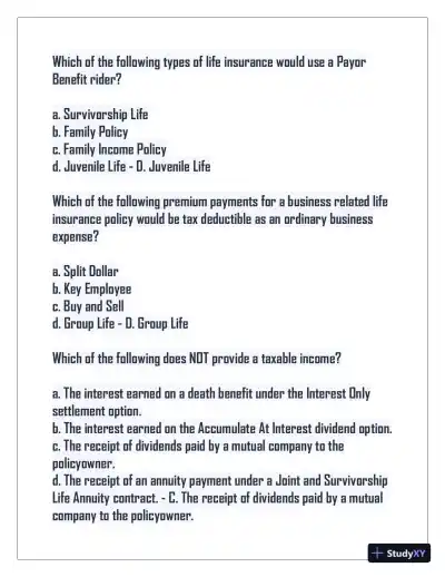 2024 Indiana Life Insurance Practice Exam with Answers (75 Solved Questions) - Page 9 preview image