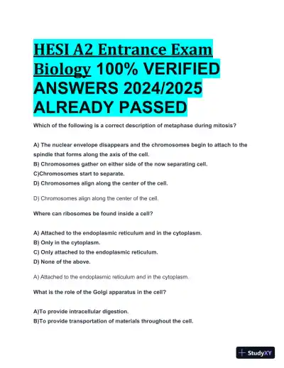 2024-2025 HESI A2 Biology Entrance Exam with Answers (42 Solved Questions) - Page 1 preview image