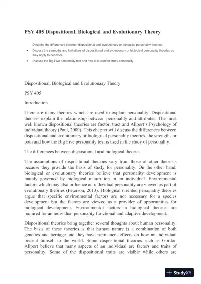 PSY 405 Dispositional, Biological and Evolutionary Theory - Page 1 preview image