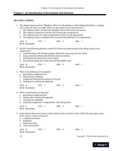 Recruitment and Selection in Canada 6th Edition Test Bank - Page 1 preview image