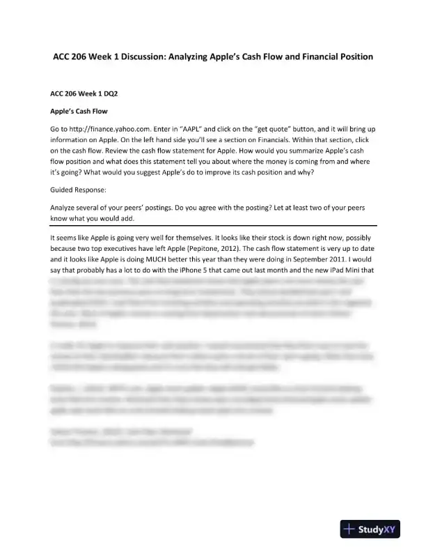 ACC 206 Week 1 Discussion: Analyzing Apple�s Cash Flow and Financial Position - Page 1 preview image
