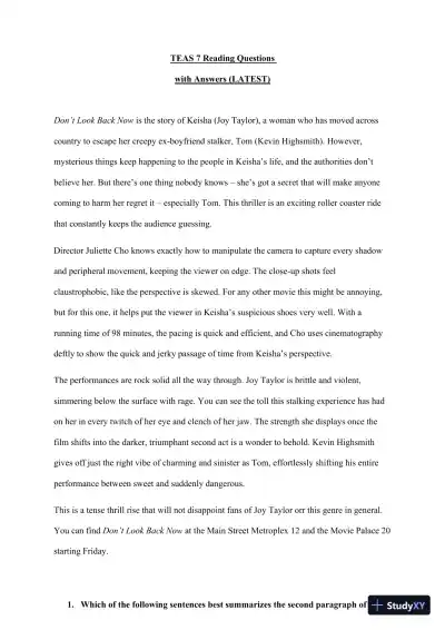 TEAS 7 Reading Practice Exam with Answers (26 Solved Questions) - Page 1 preview image