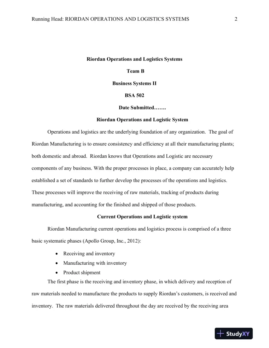 BSA 502 Enhancing Operations and Logistics Systems at Riordan Manufacturing, page 3