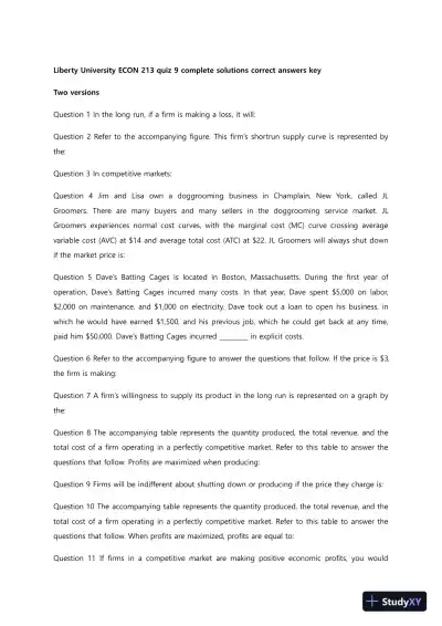 Liberty University ECON 213 Quiz 9 Complete Solutions Correct Answers Key - Page 1 preview image