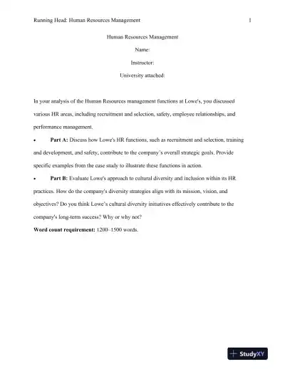 Strategic Human Resource Management at Lowe's: Alignment with Organizational Goals, Diversity, and Employee Engagement - Page 1 preview image