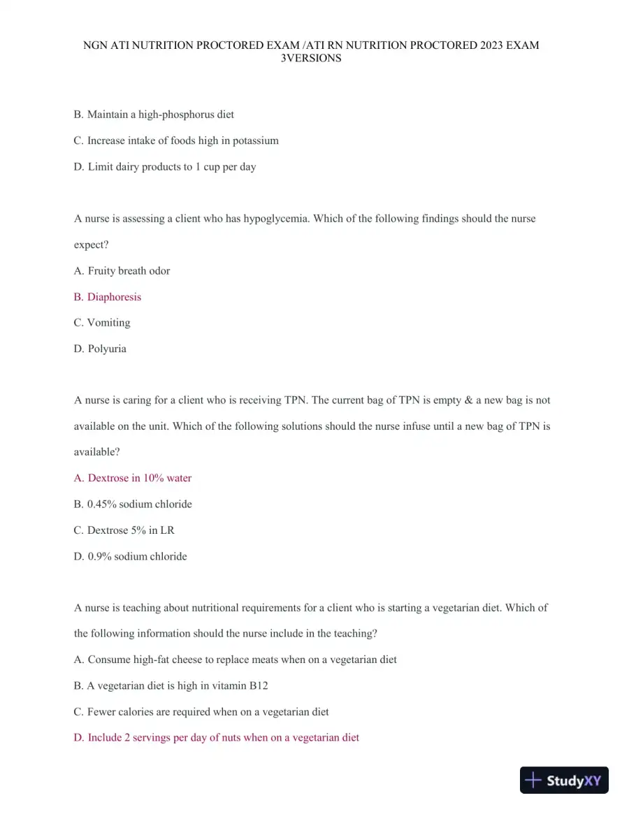 2023 ATI Nutrition Proctored Exam with Answers (121 Solved Questions), page 10