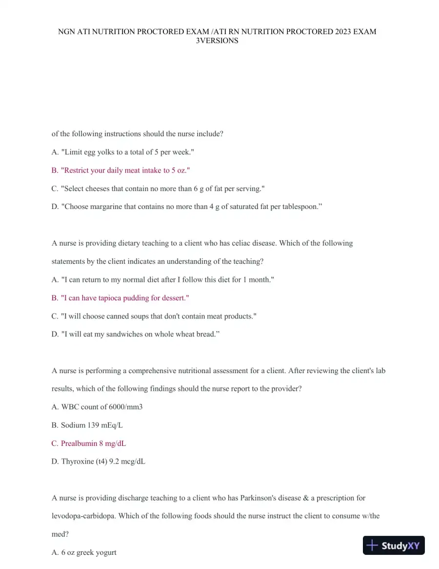 2023 ATI Nutrition Proctored Exam with Answers (121 Solved Questions), page 12