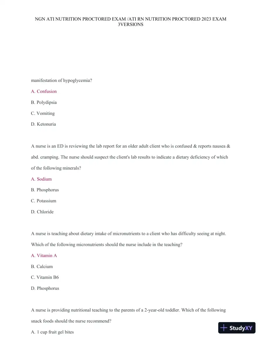 2023 ATI Nutrition Proctored Exam with Answers (121 Solved Questions), page 15