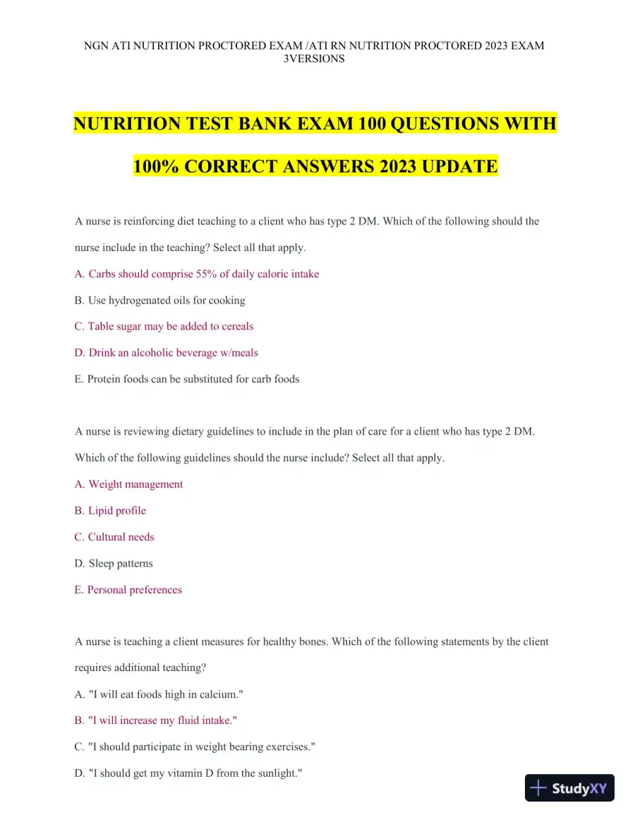 2023 ATI Nutrition Proctored Exam with Answers (121 Solved Questions), page 3