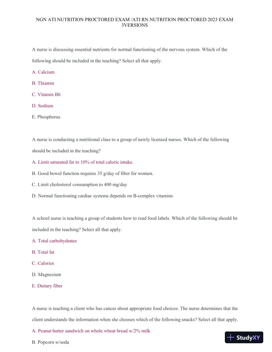 2023 ATI Nutrition Proctored Exam with Answers (121 Solved Questions), page 4