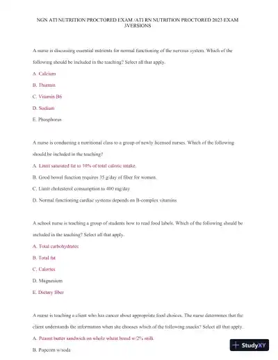 2023 ATI Nutrition Proctored Exam with Answers (121 Solved Questions) - Page 4 preview image