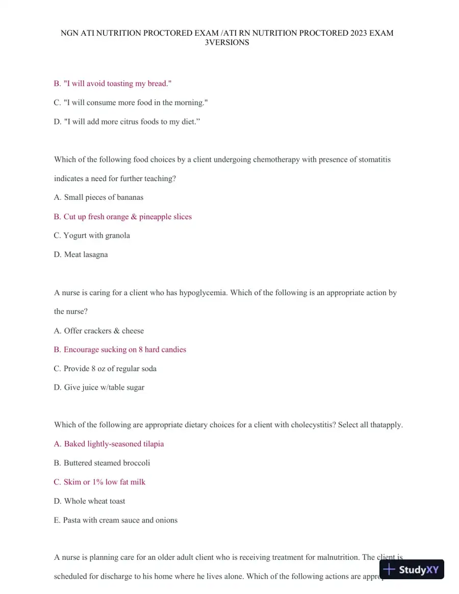 2023 ATI Nutrition Proctored Exam with Answers (121 Solved Questions), page 8