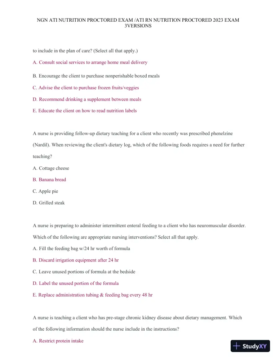 2023 ATI Nutrition Proctored Exam with Answers (121 Solved Questions), page 9