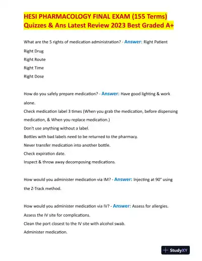 2023 HESI Pharmacology Final Exam With Answers (155 Solved Questions) - Page 1 preview image