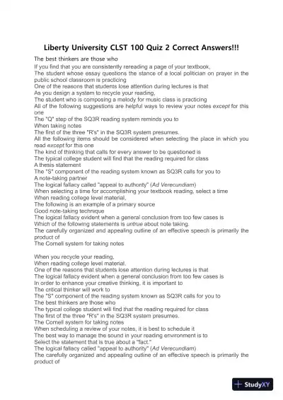 Liberty University CLST 100 Quiz 2 Correct Answers!!! - Page 1 preview image