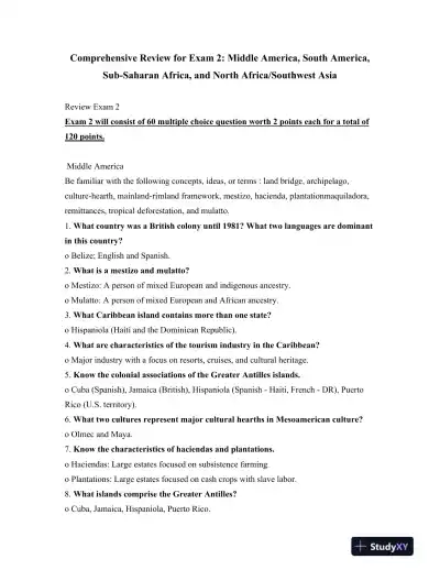 Comprehensive Review for Exam 2: Middle America, South America, Sub-Saharan Africa, and North Africa/Southwest Asia - Page 1 preview image