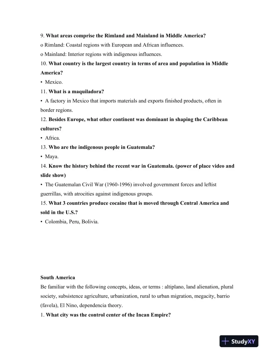 Comprehensive Review for Exam 2: Middle America, South America, Sub-Saharan Africa, and North Africa/Southwest Asia, page 3