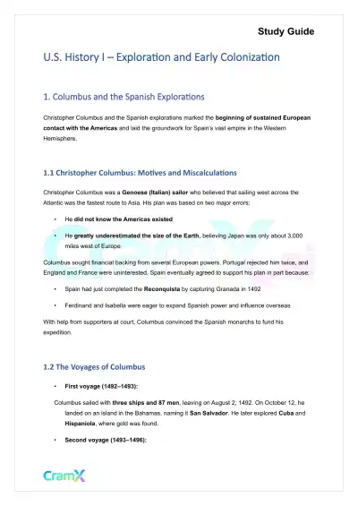 U.S. History I - Exploration and Early Colonization - Page 1 preview image